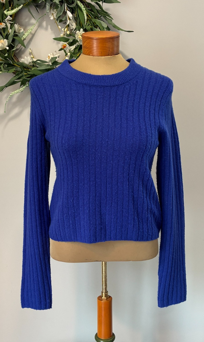 MADEWELL Readfield Pullover Sweater Voyage Blue Cropped Crewneck Ribbed, Size L